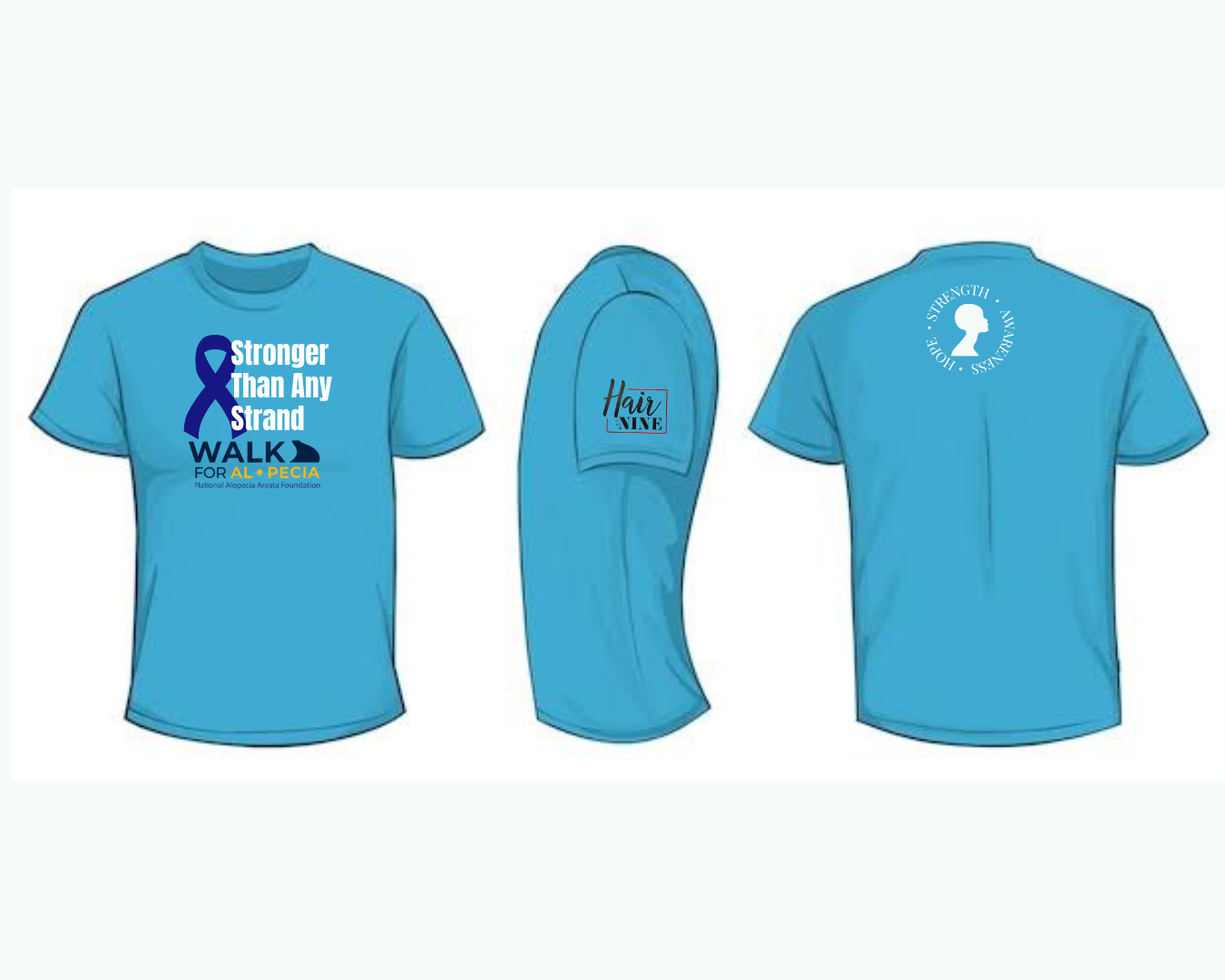 Three blue t-shirts with different designs on a white background